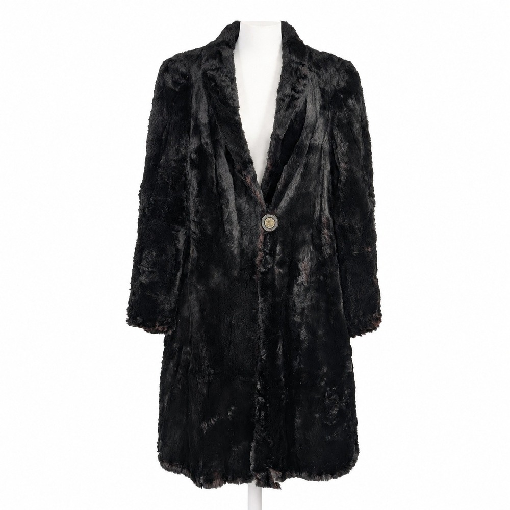 Vintage 80s Faux Fur Longline Coat Size L Black Statement Button Glam Mob Wife